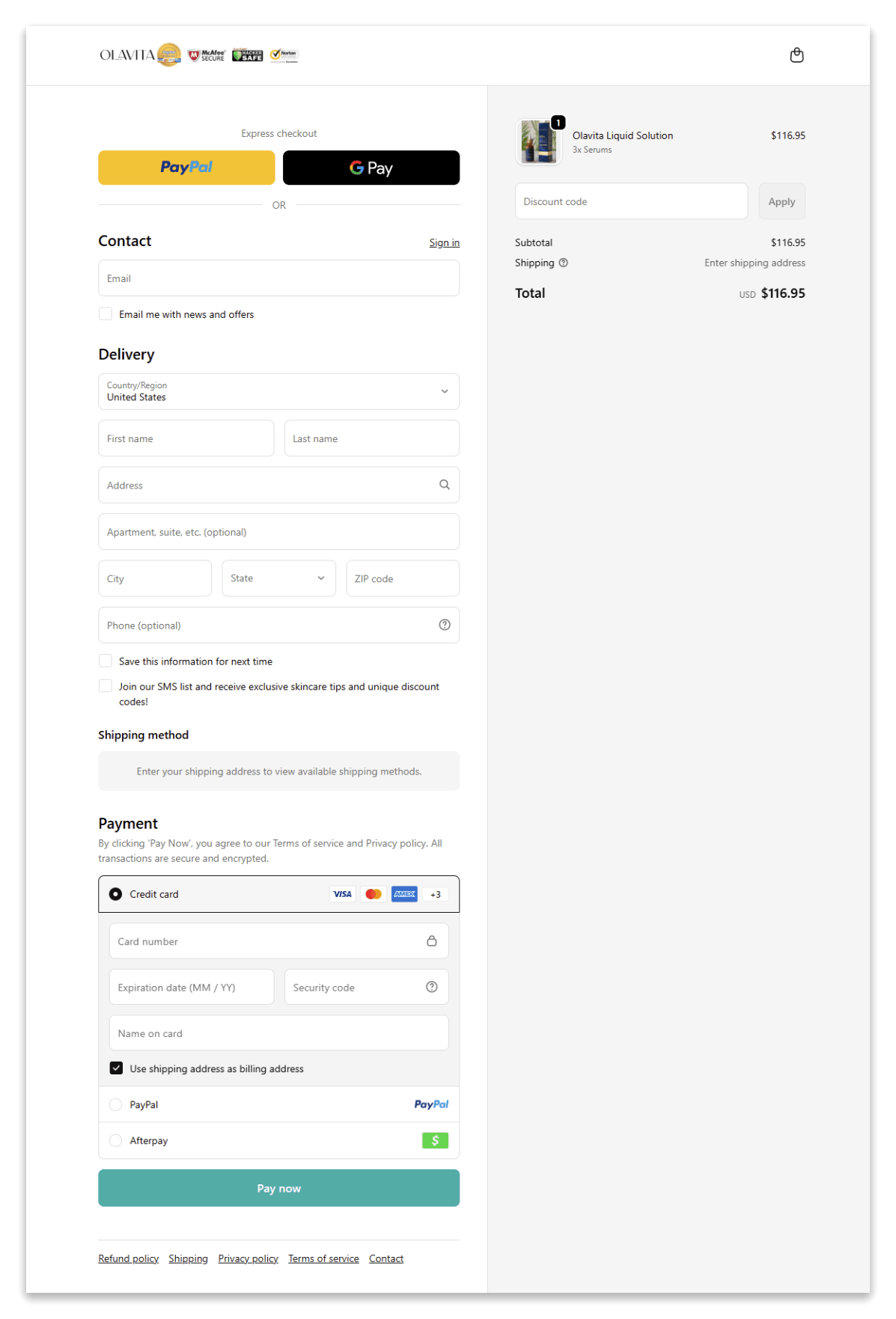 olavita liquid solution checkout page.